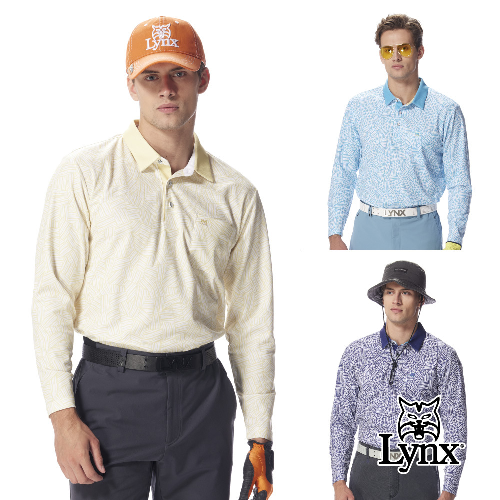【Lynx Golf】男款吸排滿版線條紋路印花胸袋款長袖POLO衫