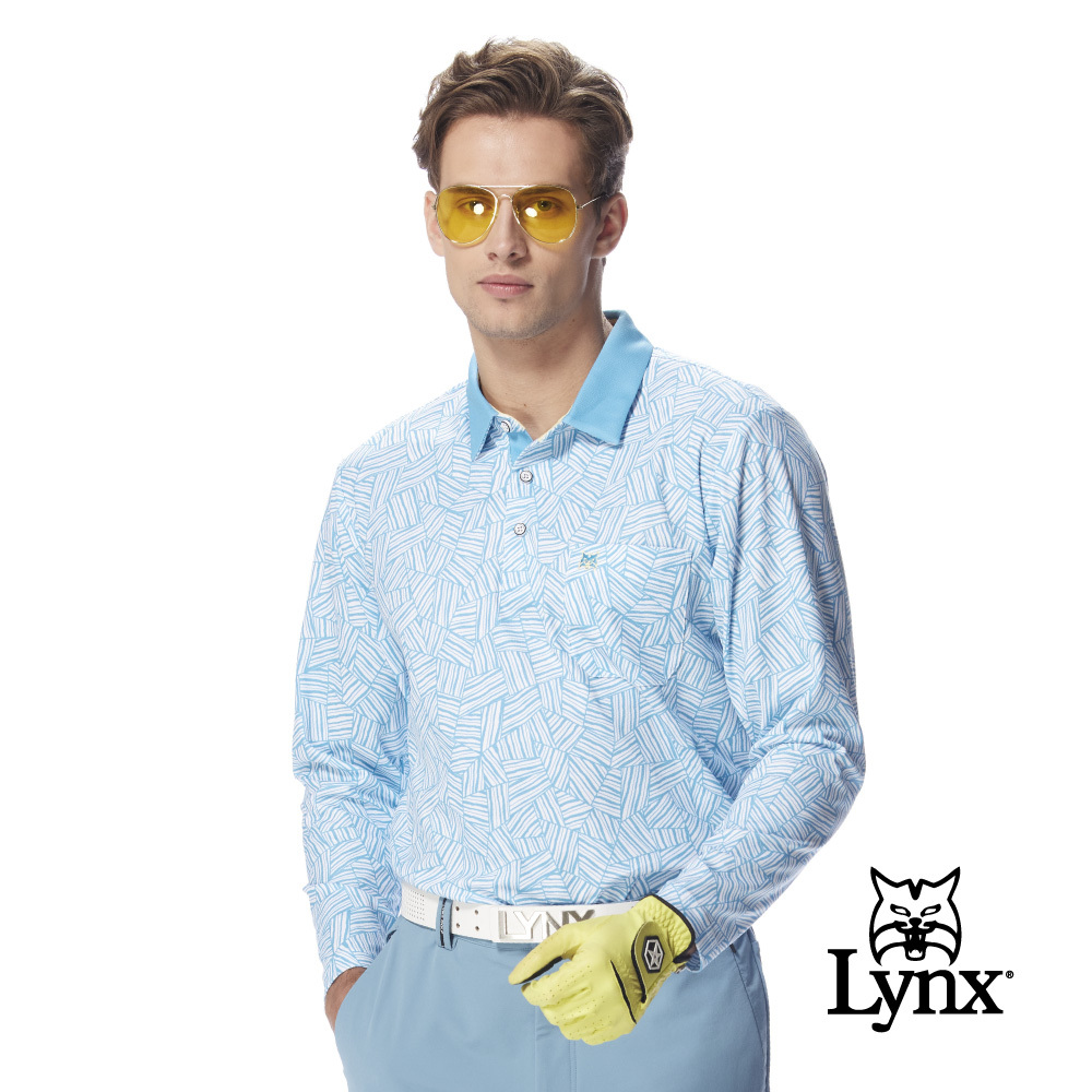 【Lynx Golf】男款吸排滿版線條紋路印花胸袋款長袖POLO衫