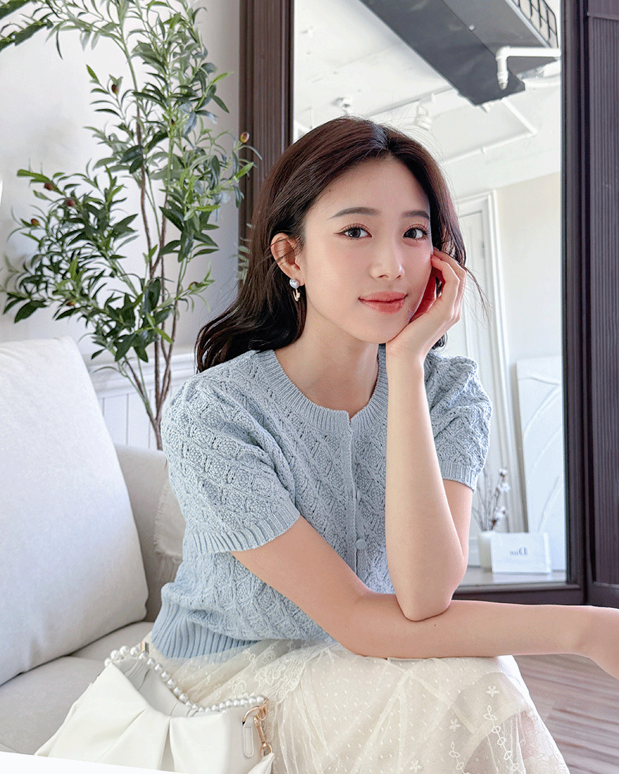 LINA LINA亮麗特調菱格織紋針織上衣外套-蘇打藍