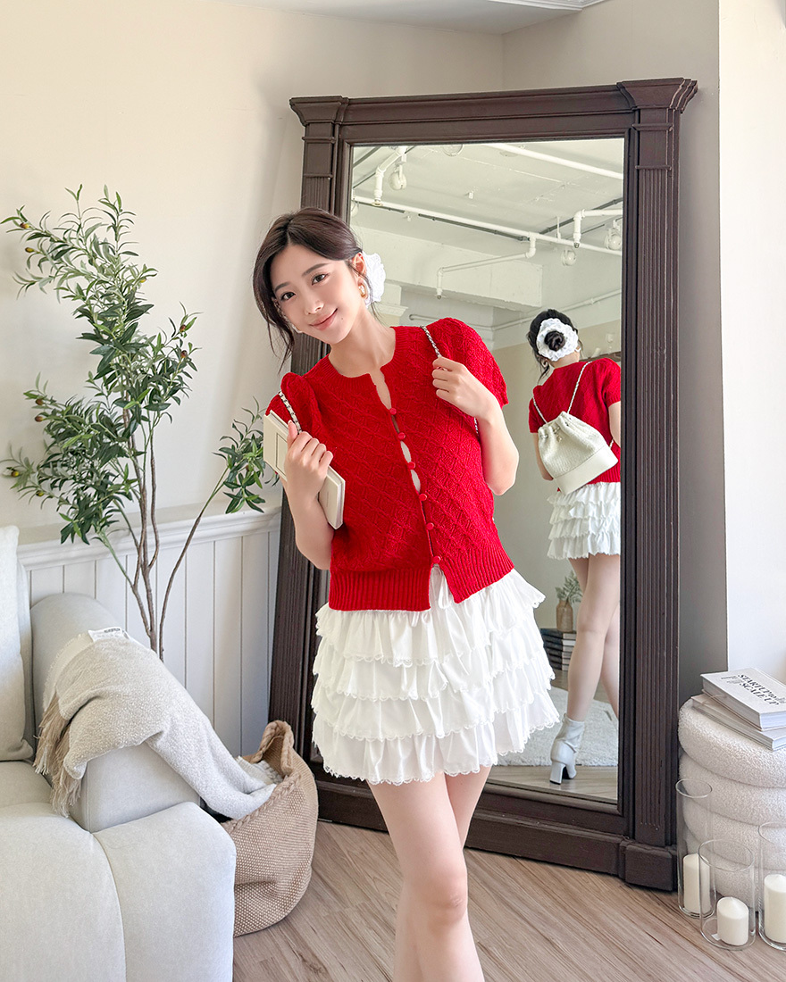 LINA LINA亮麗特調菱格織紋針織上衣外套-法國紅