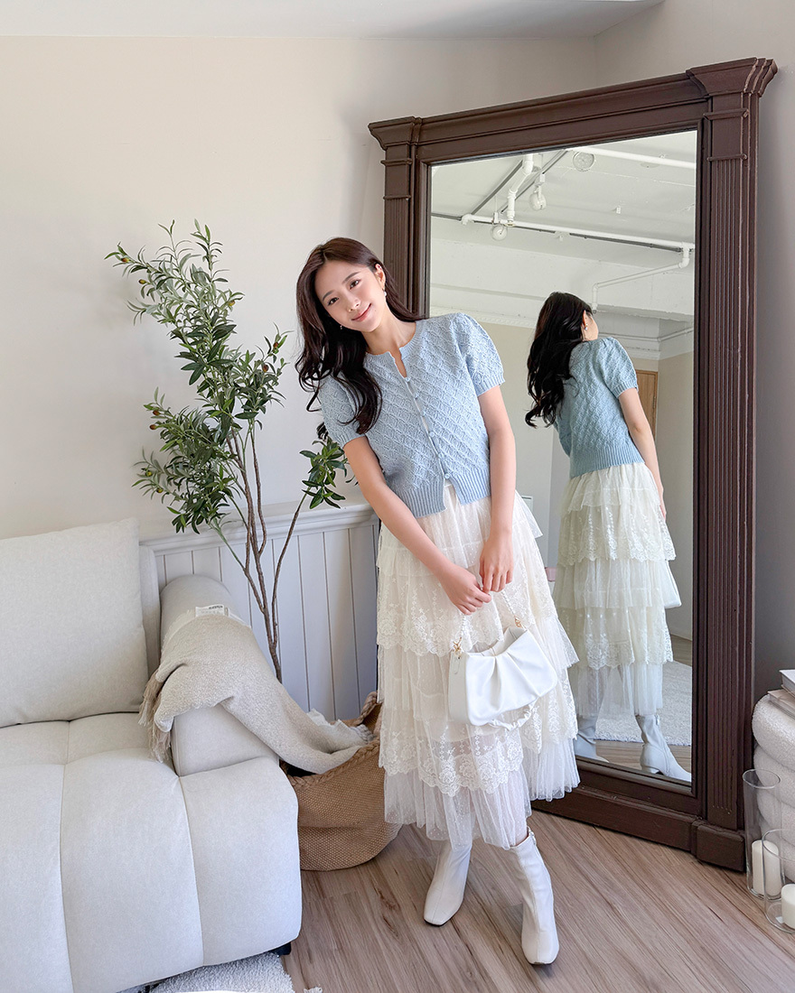 LINA LINA亮麗特調菱格織紋針織上衣外套-蘇打藍