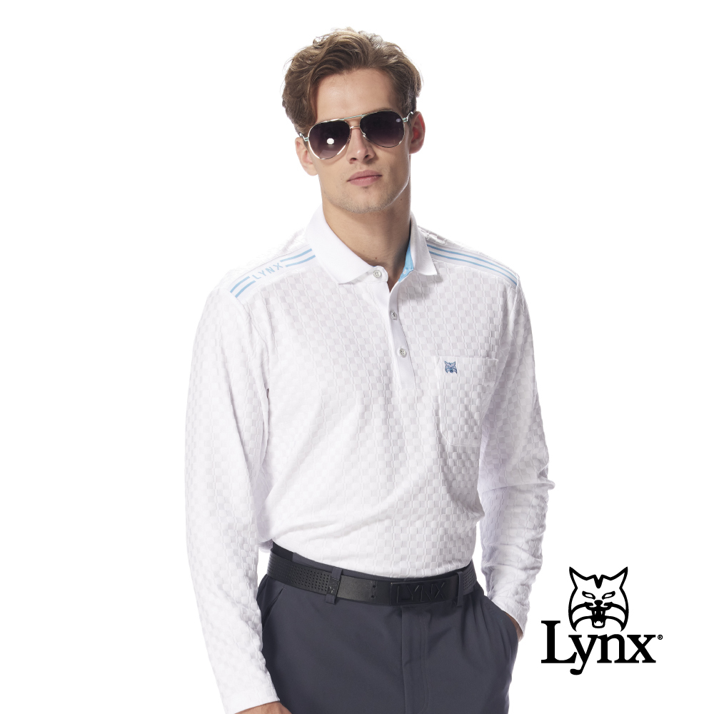 【Lynx Golf】男款吸排抗UV格紋肩膀線條LOGO胸袋長袖POLO衫
