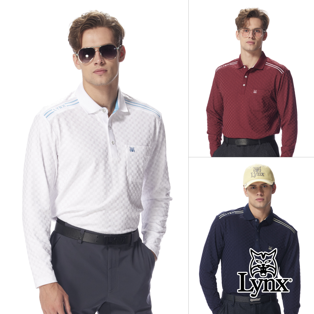 【Lynx Golf】男款吸排抗UV格紋肩膀線條LOGO胸袋長袖POLO衫