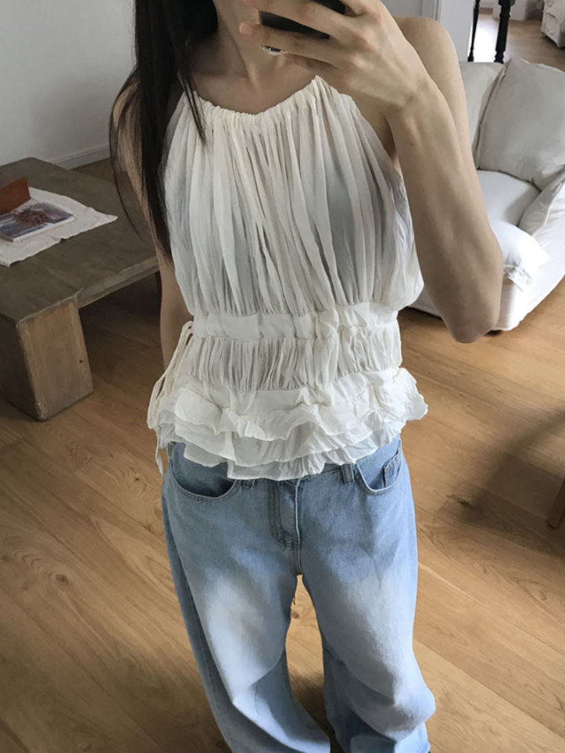 [現貨] Willa Halter Pleated Layered Ruffle Tank Top [ 2 colors / Free ]