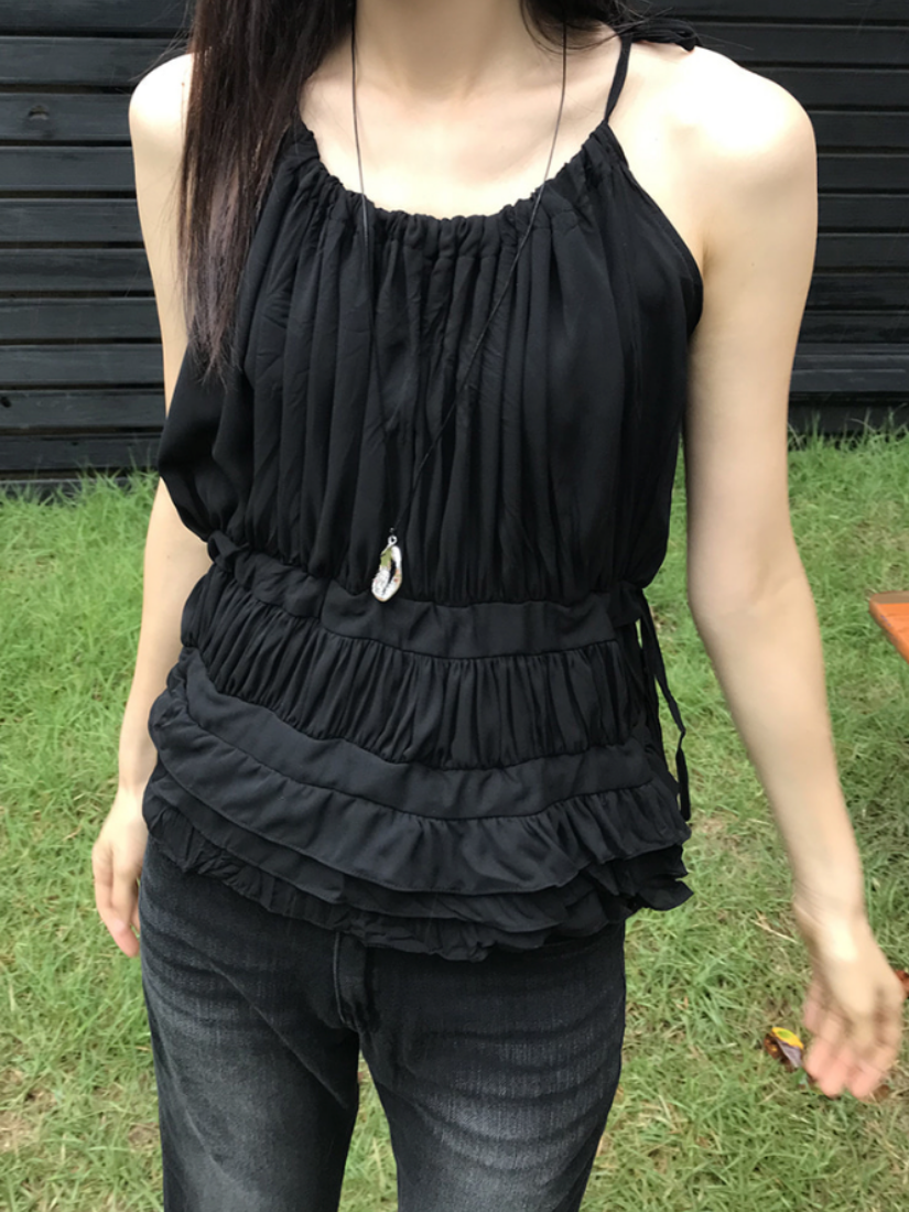 [現貨] Willa 削肩褶皺多層荷葉背心 [ 2色 / Free ]