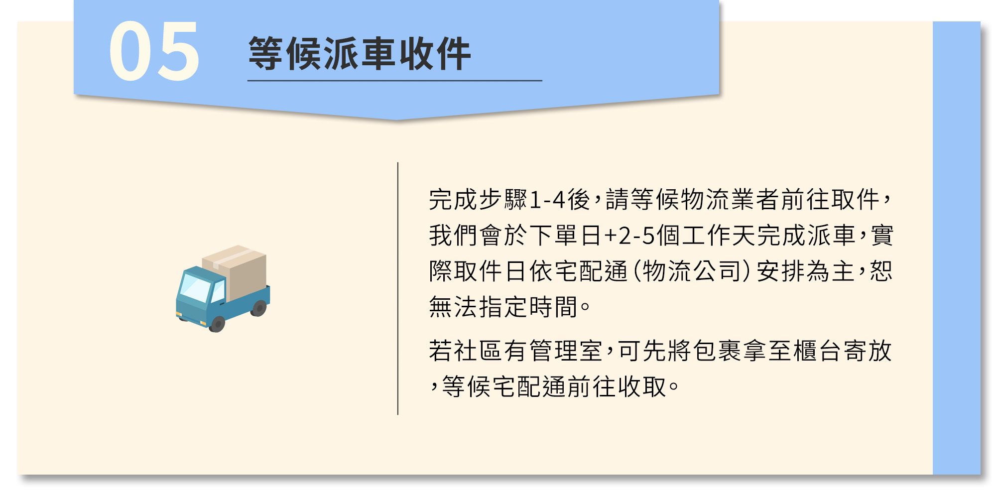 完成步驟1~4後,請等候派出收件,請於派車區間日期前,將包裹備妥放置管理室或請家人代為轉交,謝謝