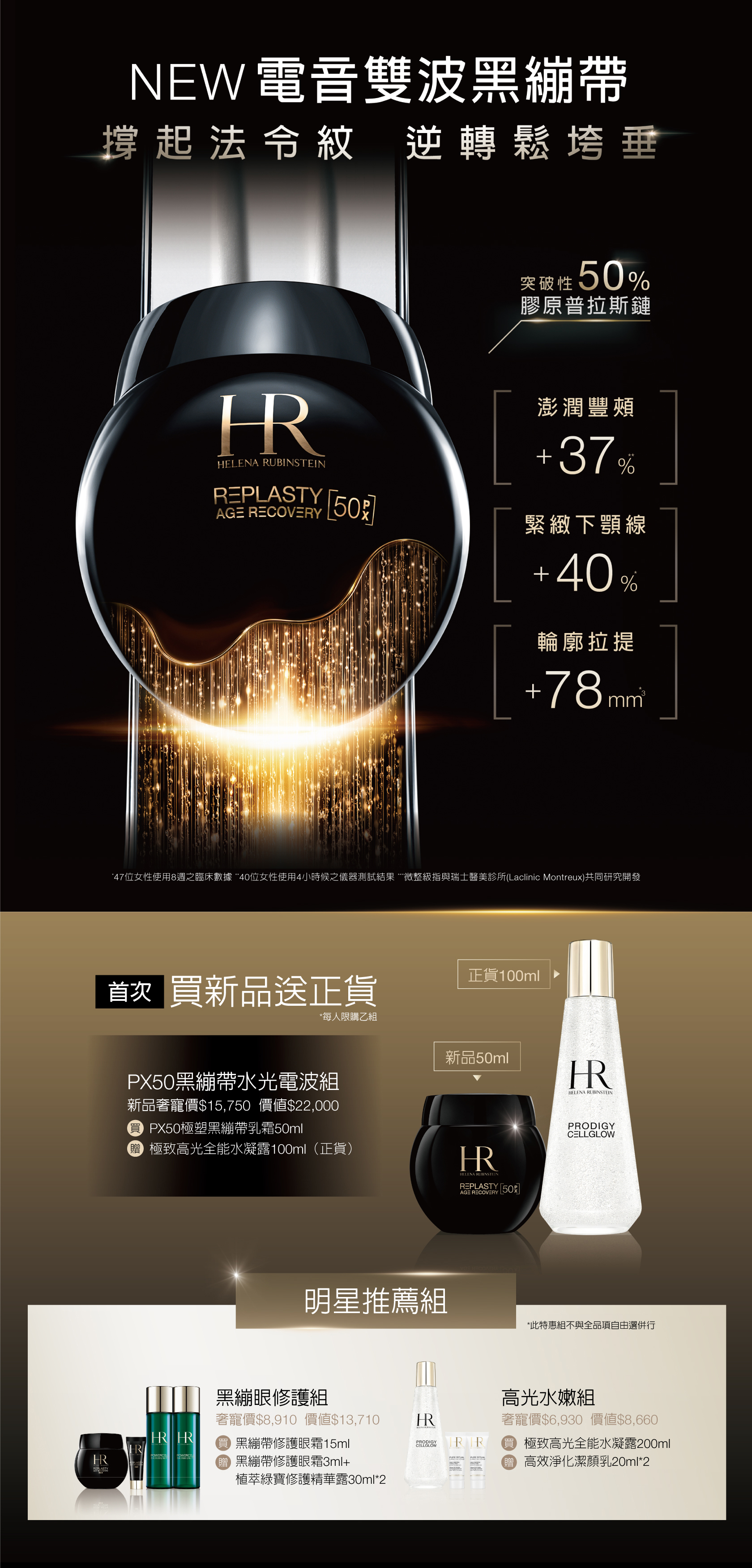 NEW電音雙波黑繃帶 撐起法命紋逆轉鬆垮垂：買新品送正貨 PX50黑繃帶水光電波組-新品奢寵價$15,750（價值$22,000），買PX50極塑黑繃帶乳霜50ml，贈極致高光全能水凝露100ml（正貨） *每人限購乙組 *此特惠組數量有限，售完為止