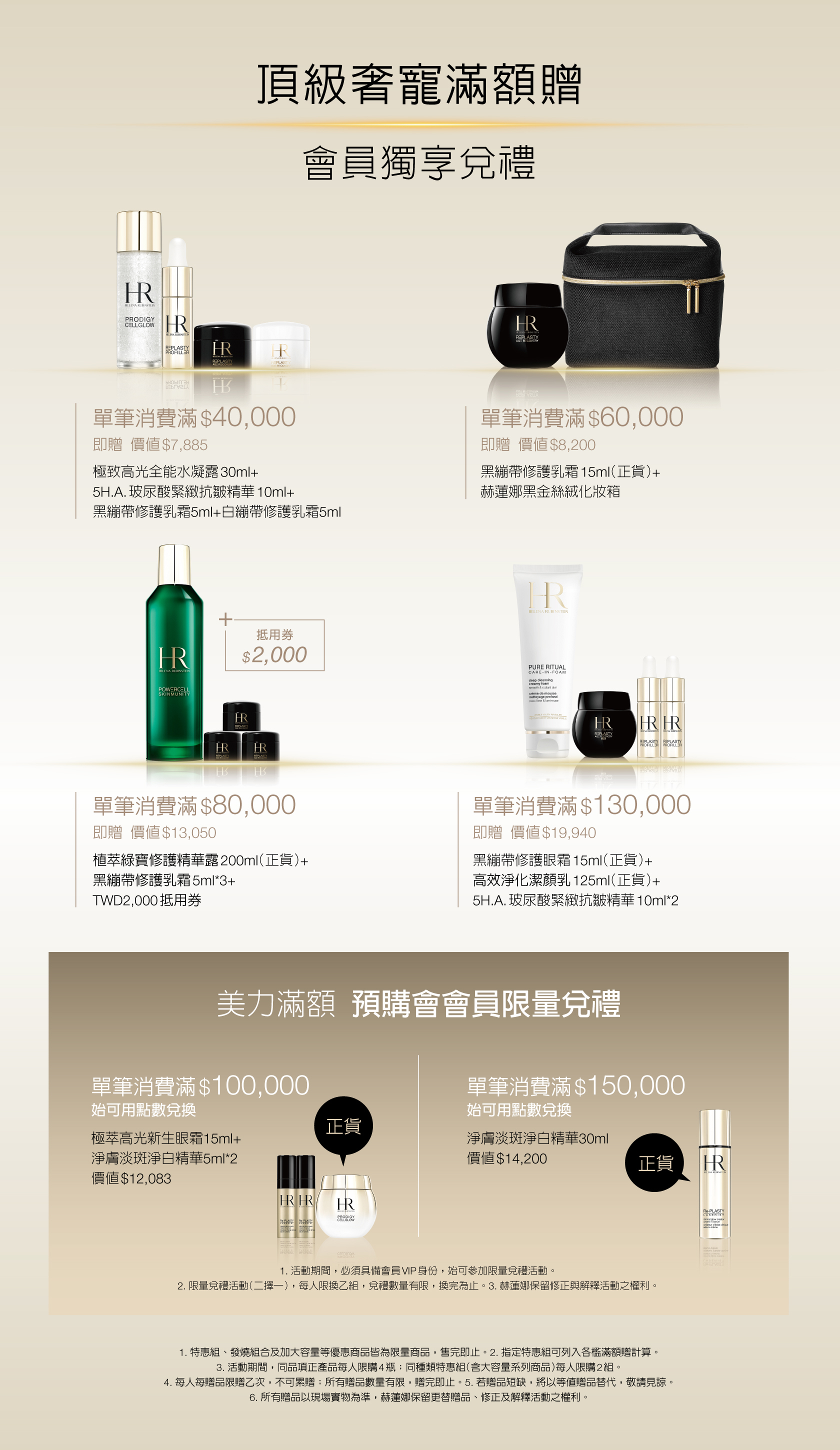 頂級奢寵滿額贈：1.單筆消費滿＄40,000即贈價值$7,885：極致高光全能水凝露30ml+5H.A.玻尿酸緊緻抗皺精華10ml+黑繃帶修護乳霜5ml+白繃帶修護乳霜5ml  2.單筆消費滿＄60,000即贈價值$8,200：黑繃帶修護乳霜15ml（正貨）+赫蓮娜黑金絲絨化妝箱  3.單筆消費滿＄80,000即贈價值$13,050：植萃綠寶修護精華露200ml（正貨）+黑繃帶修護乳霜5ml3+TWD2,000抵用券  4.單筆消費滿＄130,000即贈價值＄19,940：黑繃帶修護眼霜15ml（正貨）+高效淨化潔顏乳125ml（正貨）＋5H.A. 玻尿酸緊緻抗皺精華10ml*2  美力滿額預購會會員限量兌禮：1.單筆消費滿＄100,000始可用點數兌換：極萃高光新生眼霜15ml+淨膚淡斑淨白精華5ml*2（價值＄12,083）  2.單筆消費滿＄150,000始可用點數兌換：淨膚淡斑淨白精華30ml（價值＄14,200）
            *活動期間，必須具備會員VP身份，始可參加限量兌禮活動 *限量兌禮活動（二擇一），每人限換乙組，兌禮數量有限，換完為止 *赫蓮娜保留修正與解釋活動之權利 *特惠組、發燒組合及加大容量等優惠商品皆為限量商品，售完即止 *指定特惠組可列入各檻滿額贈計算  *活動期間，同品項正產品每人限購4瓶日同種類特惠組（含大容量系列商品）每人限購2組 *每人每贈品限贈乙次，不可累贈，所有贈品數量有限，贈完即止  *若贈品短缺，將以等值贈品替代，敬請見諒  *所有贈品以現場實物為準。赫蓮娜保留更替贈品、修正及解釋活動之權利。