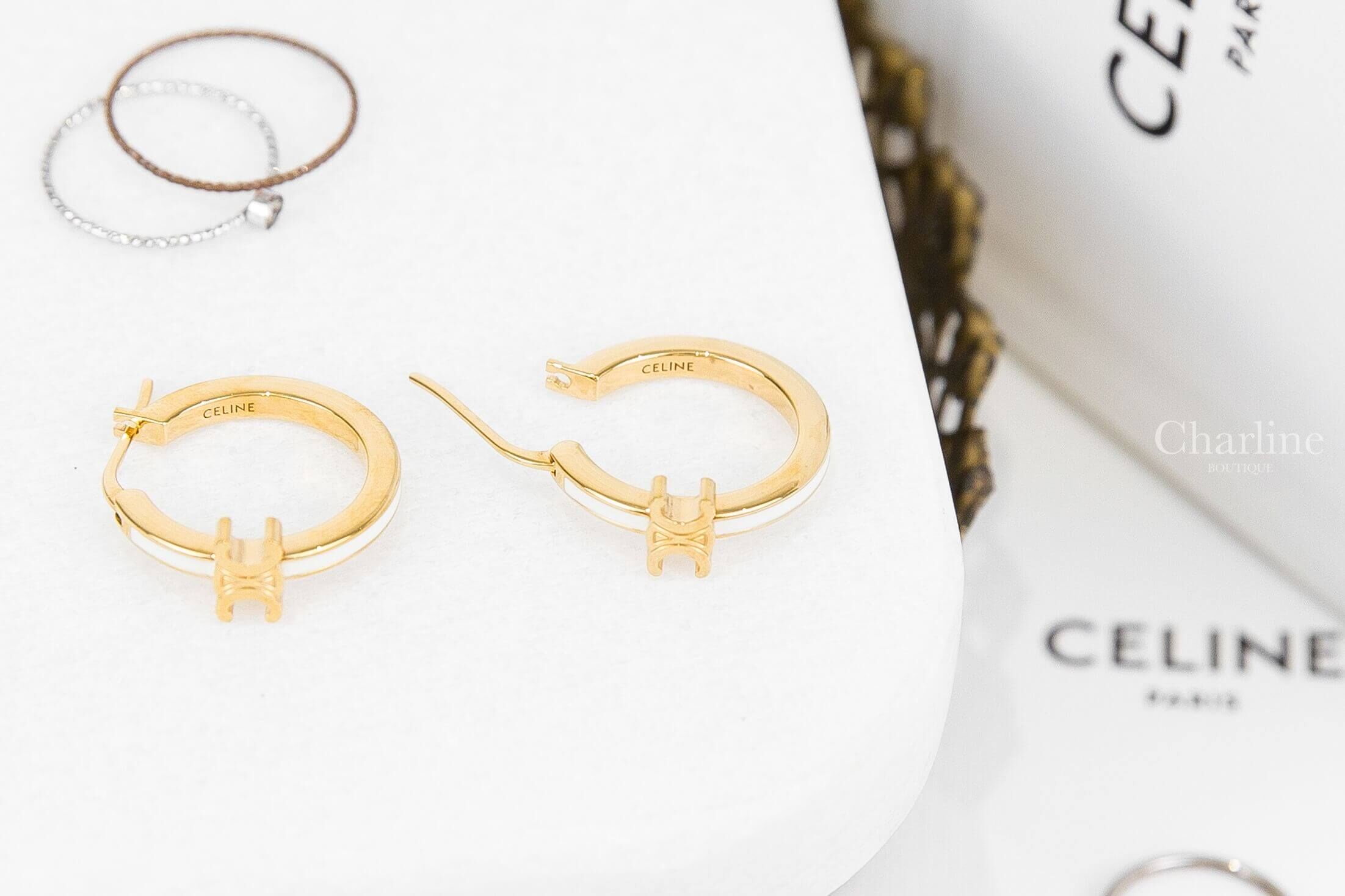 Celine Triomphe Hoops In Enamel And Brass With Gold Finish 金色凱旋門象牙白珐瑯圓圈耳環-Charline Boutique 精品代購