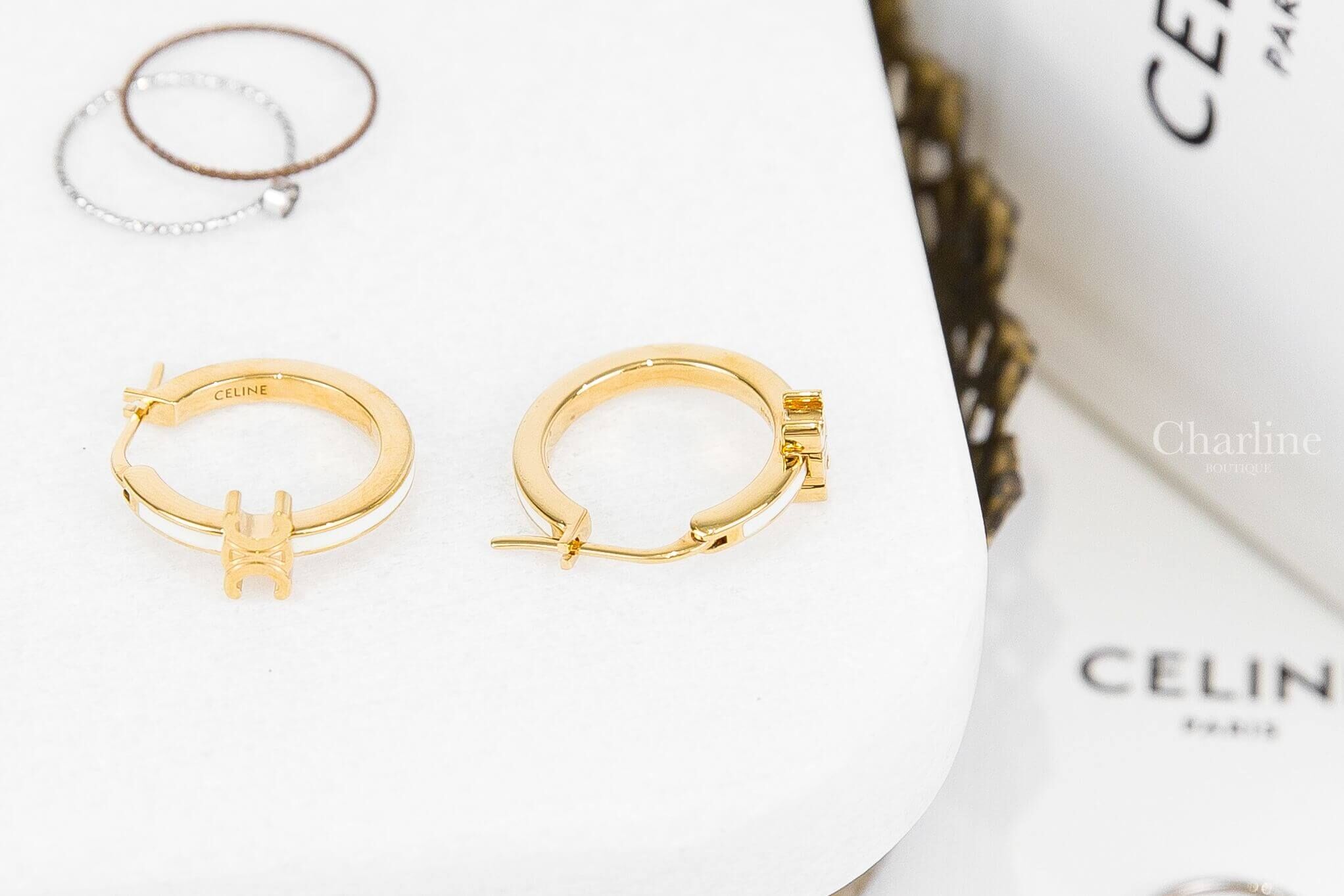 Celine Triomphe Hoops In Enamel And Brass With Gold Finish 金色凱旋門象牙白珐瑯圓圈耳環-Charline Boutique 精品代購