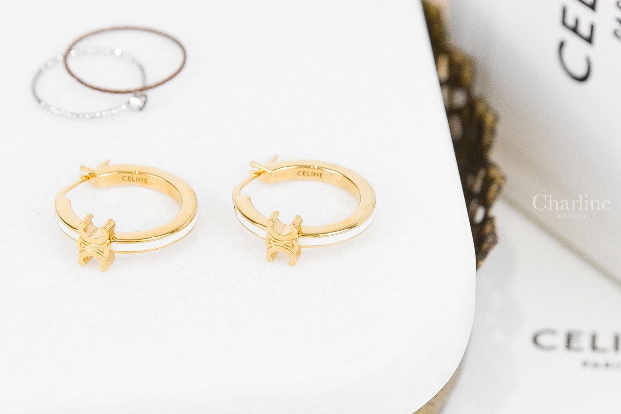 Celine Triomphe Hoops In Enamel And Brass With Gold Finish 金色凱旋門象牙白珐瑯圓圈耳環-Charline Boutique 精品代購