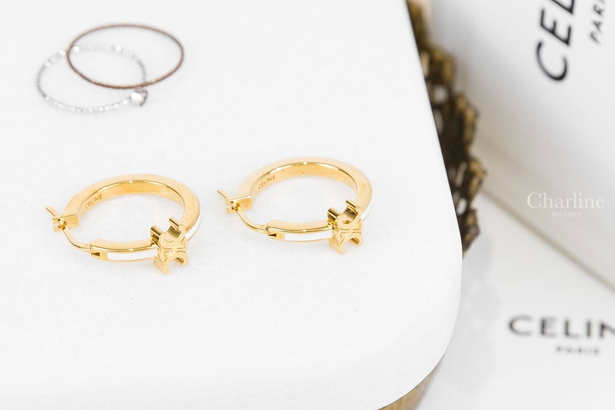 Celine Triomphe Hoops In Enamel And Brass With Gold Finish 金色凱旋門象牙白珐瑯圓圈耳環-Charline Boutique 精品代購