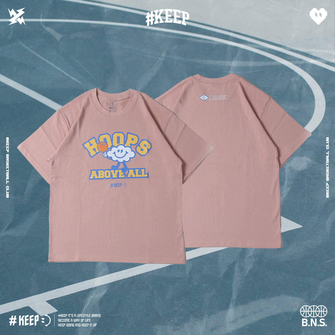 #KEEP HOOPS ABOVE ALL TEE 籃球至上 粉色 綠色 黑色 印花 字母 雲朵 運動 休閒 短TEE【KS316】