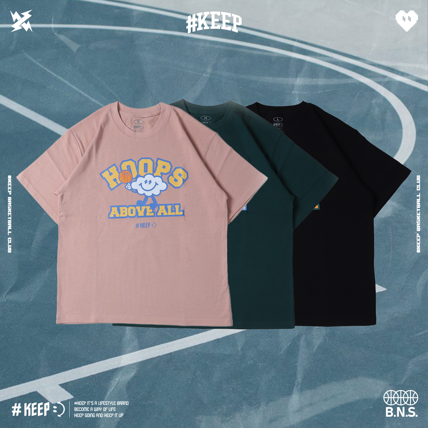 #KEEP HOOPS ABOVE ALL TEE 籃球至上 粉色 綠色 黑色 印花 字母 雲朵 運動 休閒 短TEE【KS316】