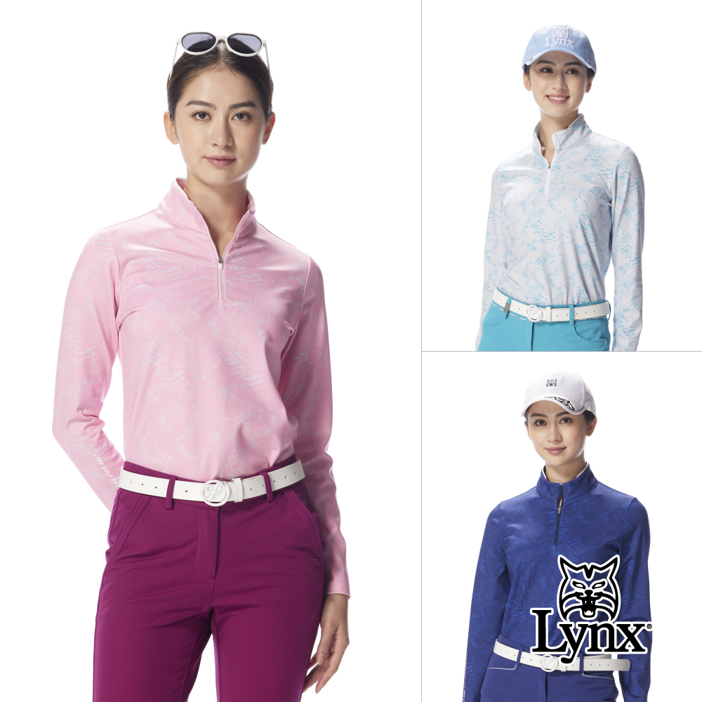【Lynx Golf】女款合身版吸濕排汗不規則文字印花立領拉鍊長袖T/高爾夫球衫