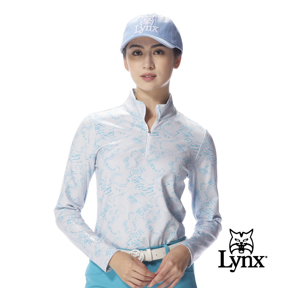 【Lynx Golf】女款合身版吸濕排汗不規則文字印花立領拉鍊長袖T/高爾夫球衫