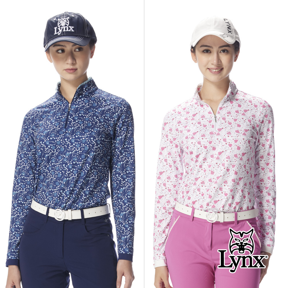 【Lynx Golf】女款吸排彈性數位愛心印花拉鍊長袖T/高爾夫球衫