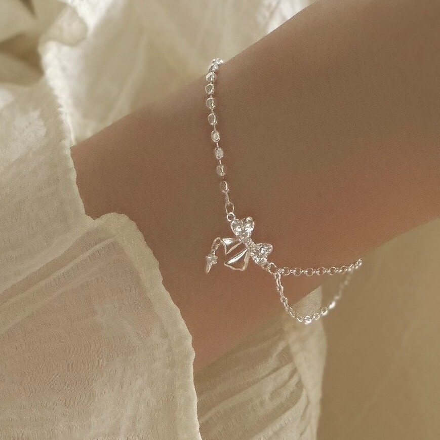 H137鋯石蝴蝶結方糖雙鏈純銀手鏈