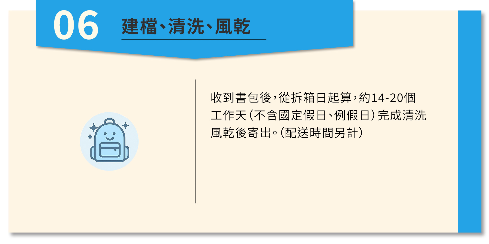 收到書包後,從拆箱日起算,約14-20個工作天(不含國定假日、例假日)完成清洗風乾後寄出。(配送時間另計)