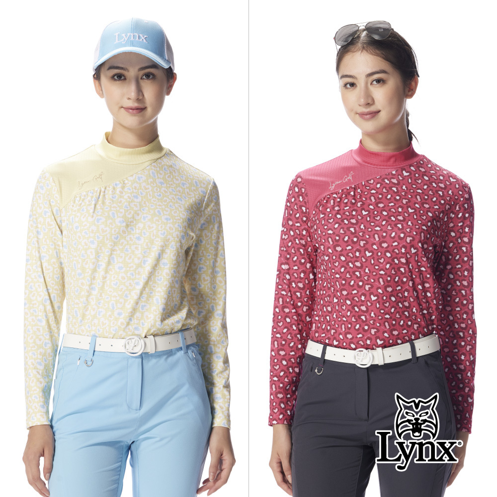 【Lynx Golf】女款吸排彈性愛心豹紋滿版印花開岔圓領衫/高爾夫球衫