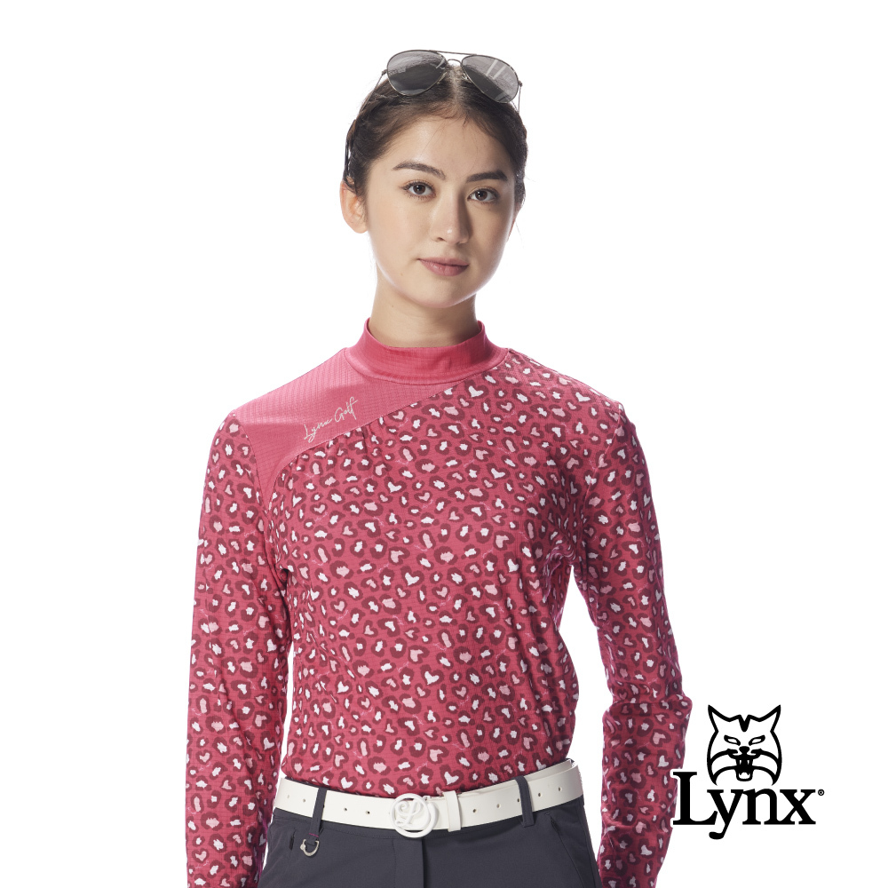 【Lynx Golf】女款吸排彈性愛心豹紋滿版印花開岔圓領衫/高爾夫球衫