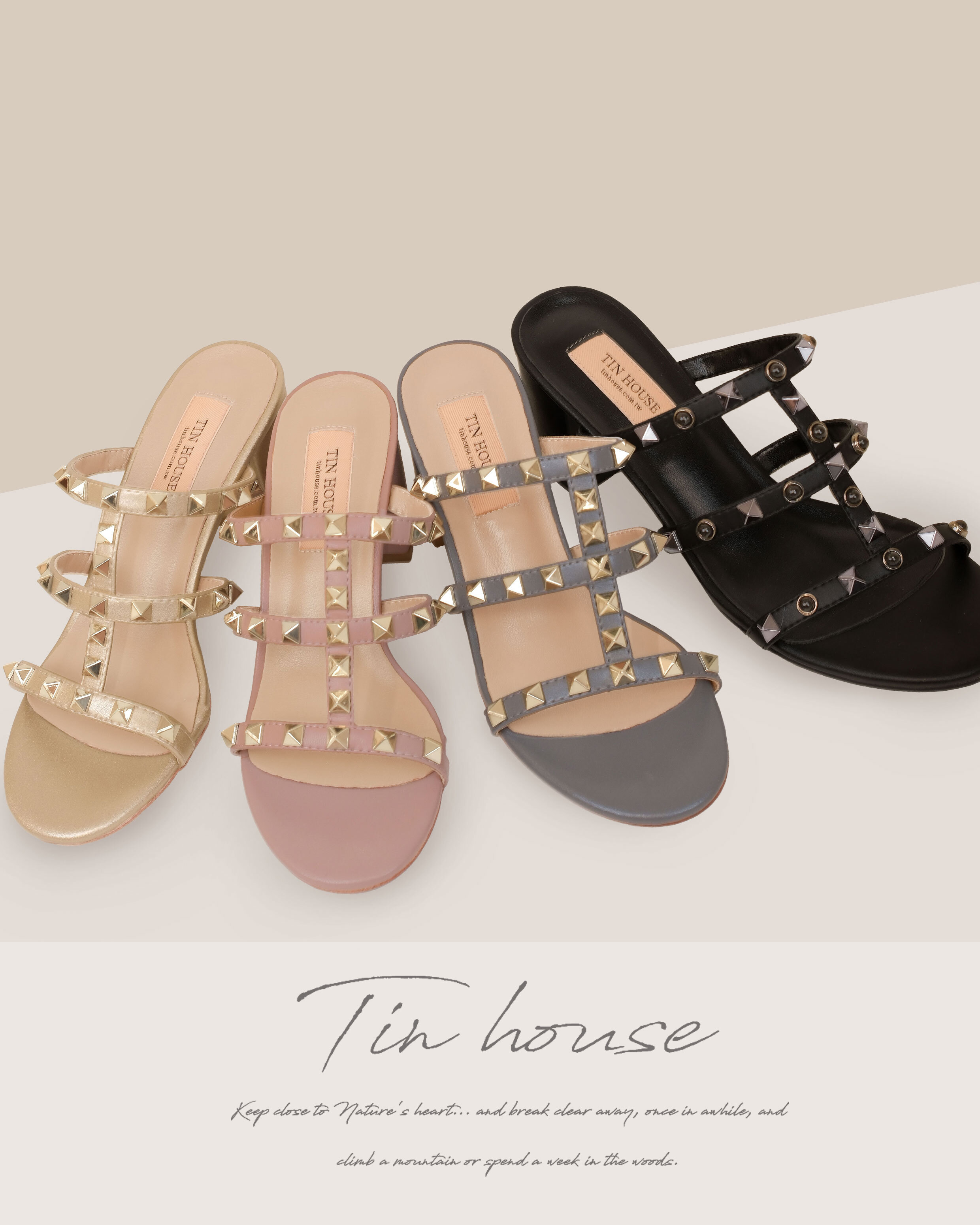 訂製-真皮卯釘粗跟涼鞋