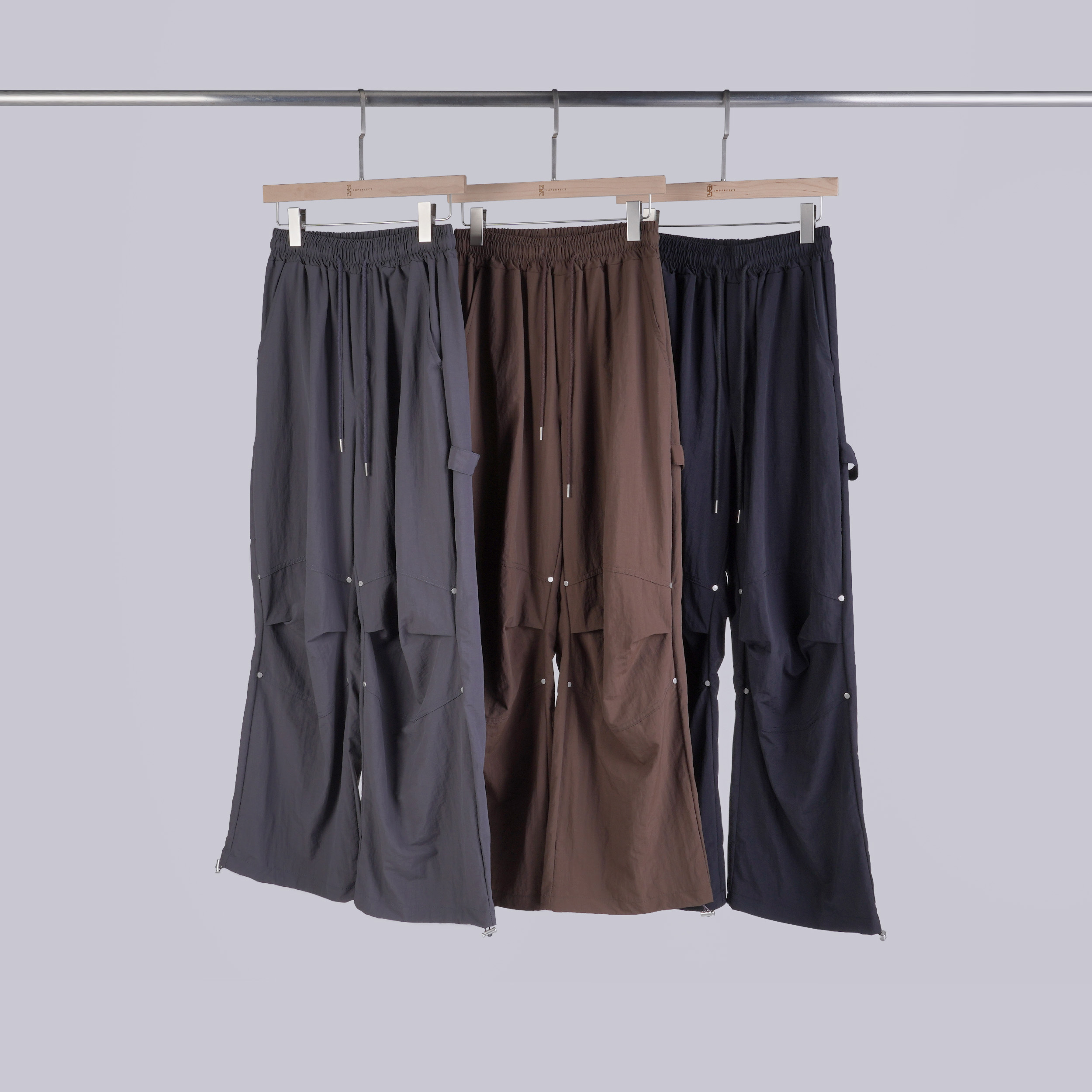 設計感拼接抓皺釘釦工裝褲 | 3色