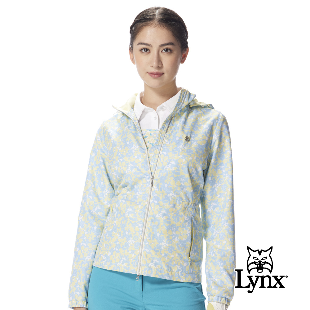 【Lynx Golf】女款防風防潑水連帽滿版印花拉鍊設計風衣外套
