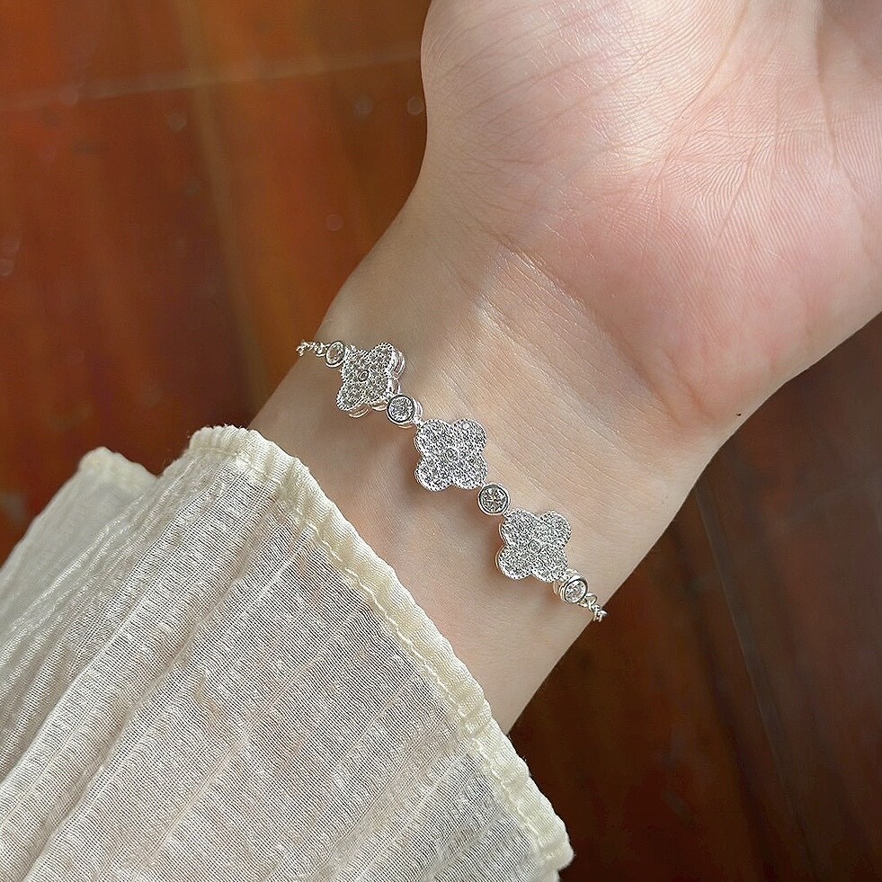 H140滿鑽四葉草圓鑽純銀手鏈