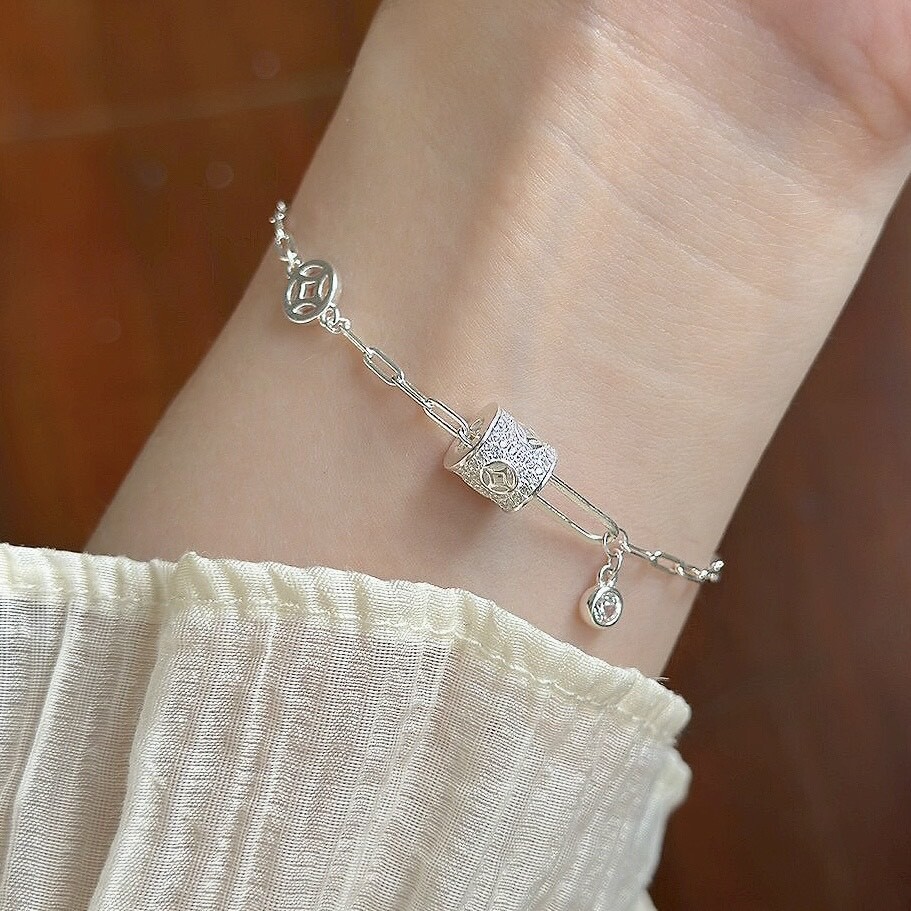 H141排鑽錢幣圓環純銀手鏈