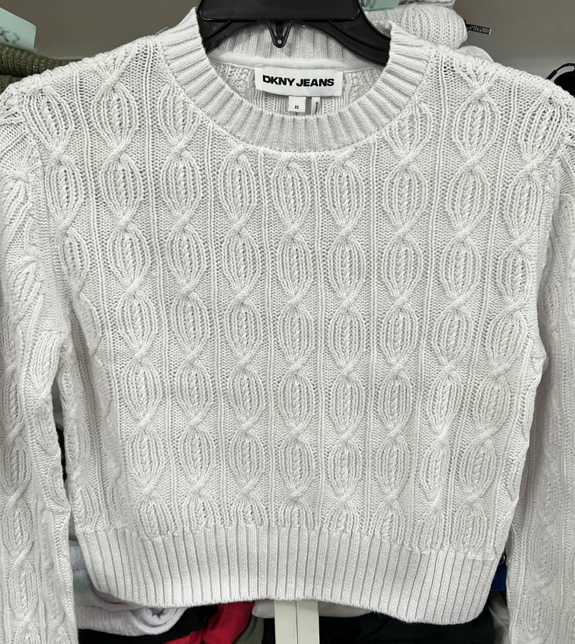[S] DKNY WHITE/WHITE LONG SLEEVE CABLE CREW NECK TOP, DJ4R0180-WII [FINAL SALE] (SD1528)