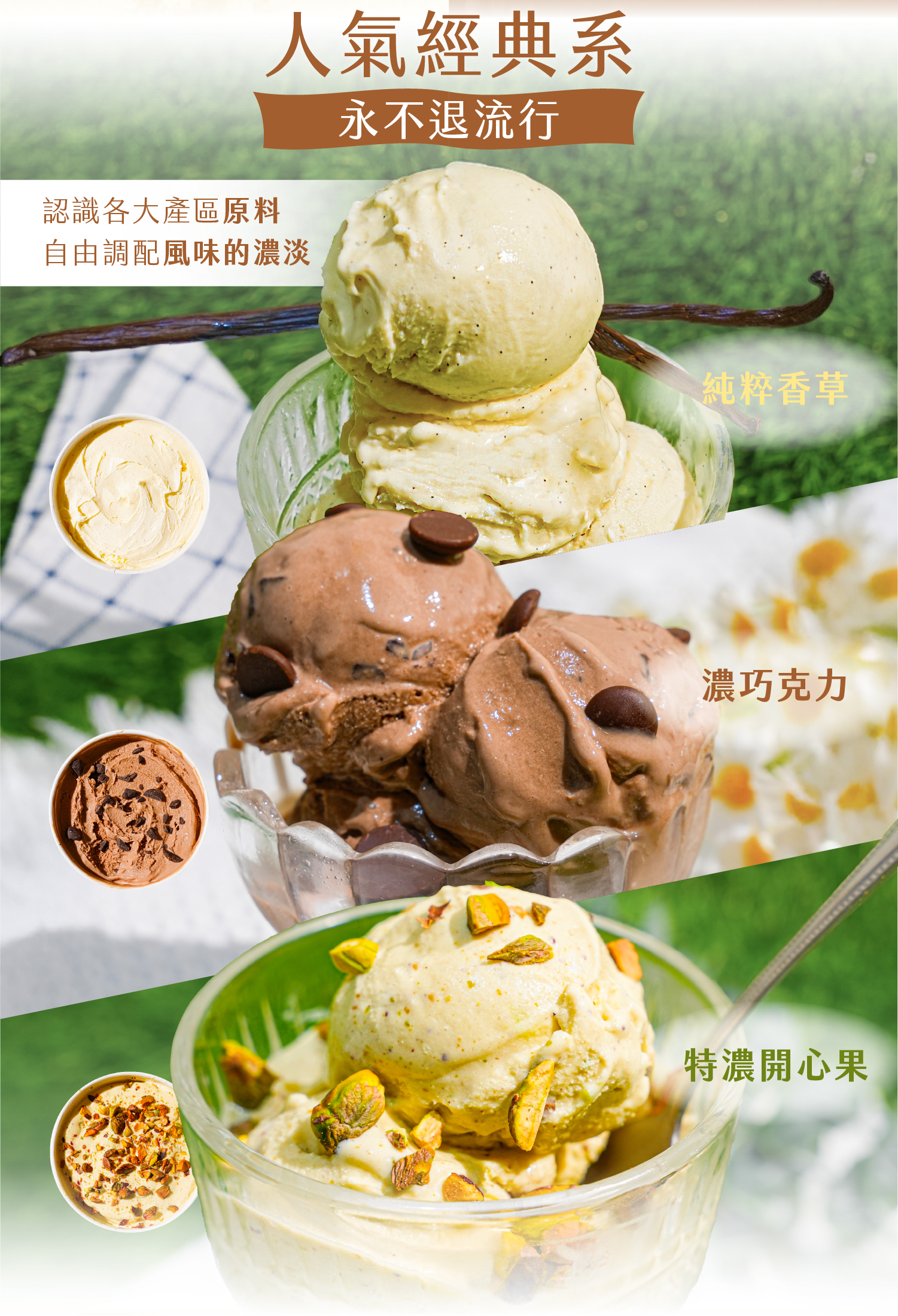 人氣經典系中純粹香草、濃巧克力、特濃開心果的品項介紹