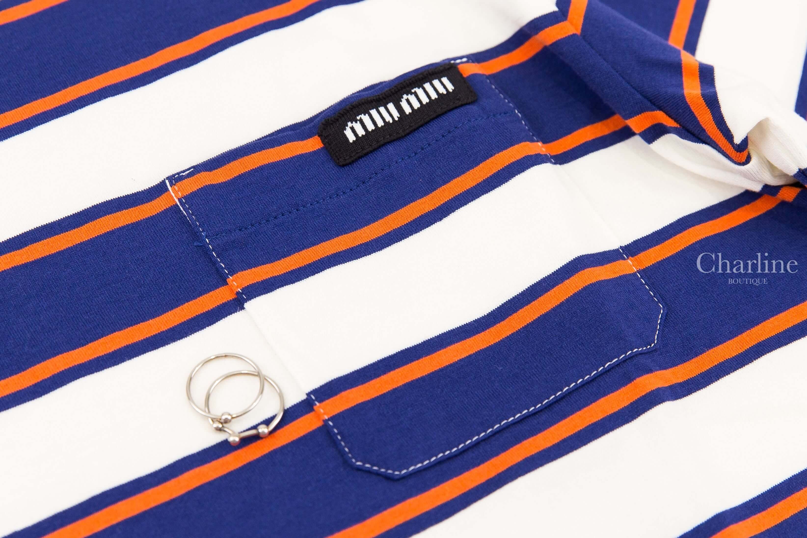 Miu Miu Jersey T-shirt 白色墨水藍赤陶紅橫條紋黑底白字標籤口袋短袖棉T