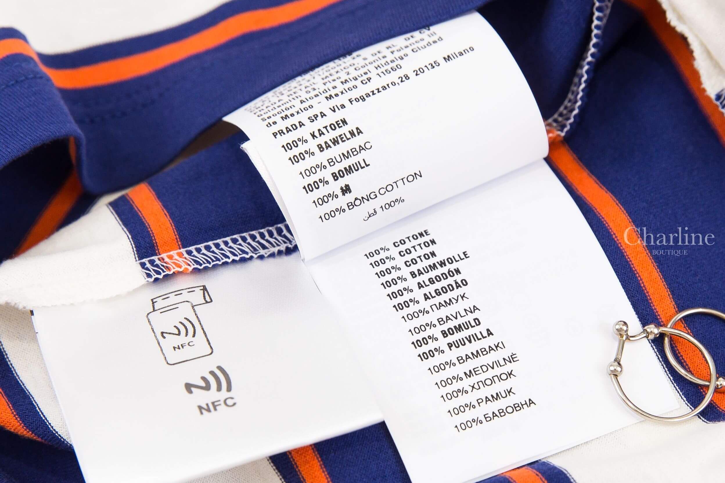 Miu Miu Jersey T-shirt 白色墨水藍赤陶紅橫條紋黑底白字標籤口袋短袖棉T-Charline Boutique 精品代購