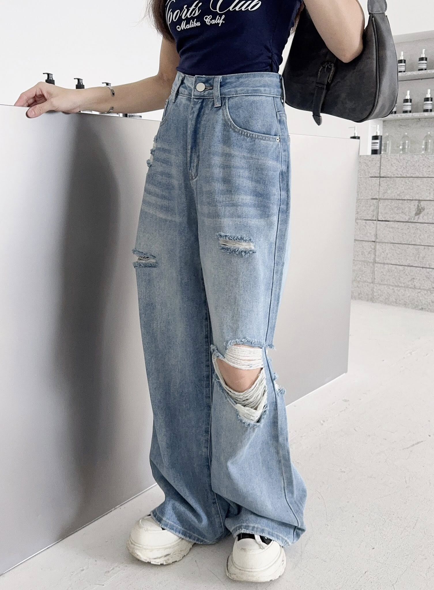 酷辣藍色刷破牛仔寬褲❤️