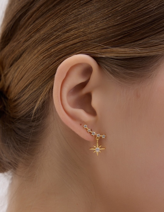 垂墜鋯石星芒。針式耳環(金)