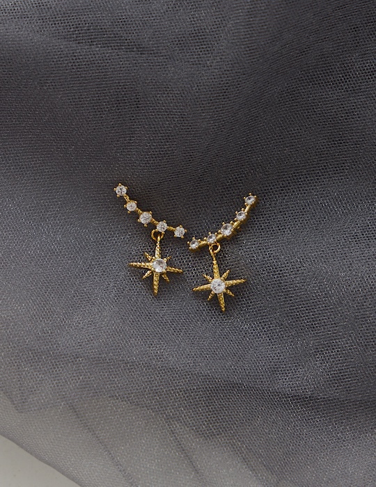 垂墜鋯石星芒。針式耳環(金)