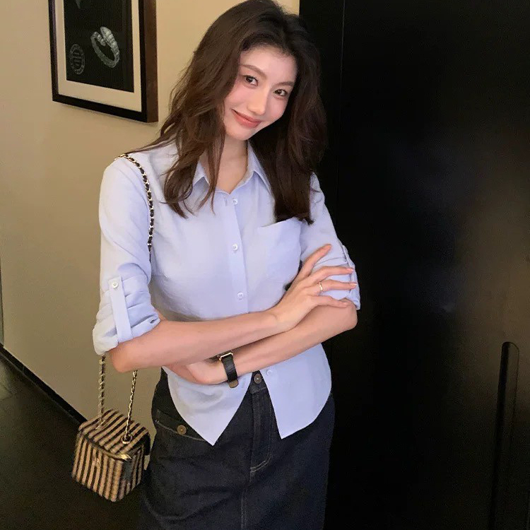 藍天白雲單口袋翻領合身襯衫上衣S-XL / 2色 (Elegant & Love)