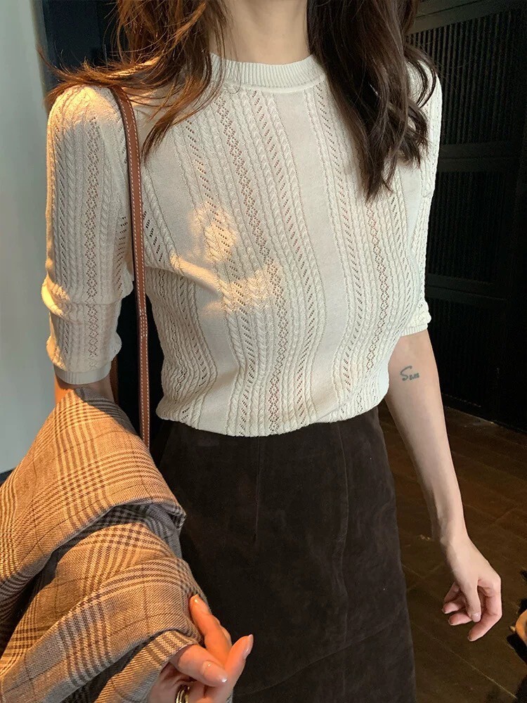 交錯麻花編織感圓領合身上衣-S-XL / 2色 (Elegant & Love)