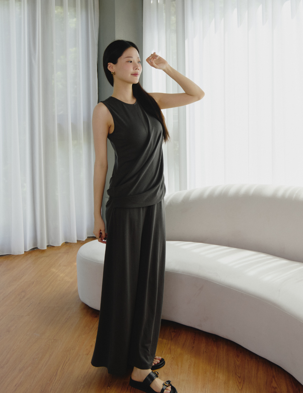 簡約無袖垂墜長洋（深灰色/4尺寸）