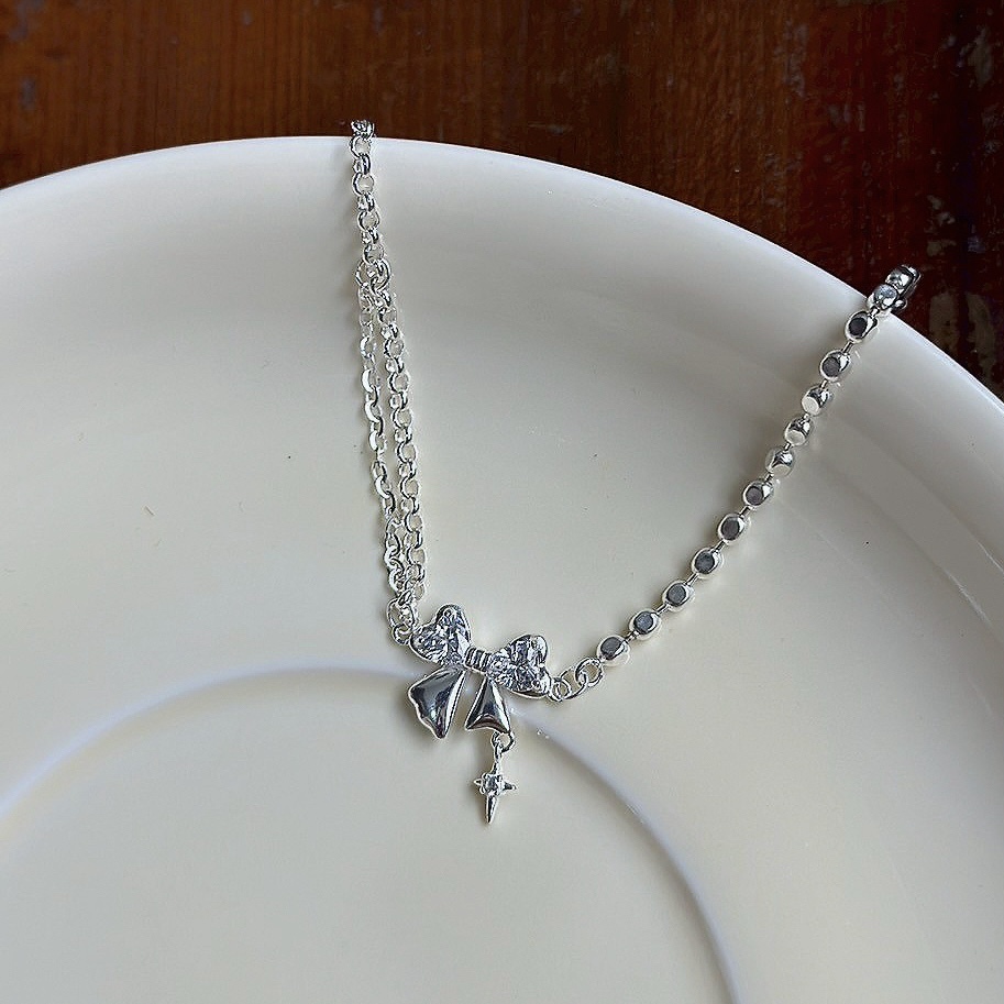 H137鋯石蝴蝶結方糖雙鏈純銀手鏈