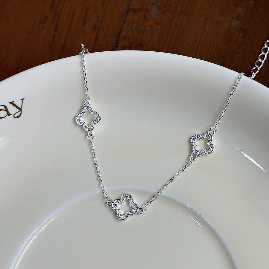 H138分布式排鑽鏤空四葉草純銀手鏈