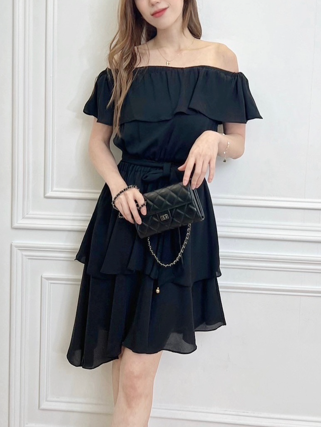 不規則層次一字領洋裝