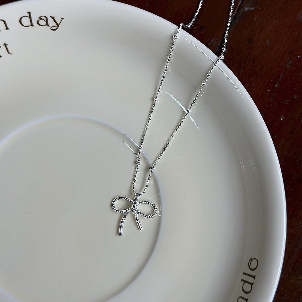 H130麻花蝴蝶結圓珠純銀鎖骨鏈