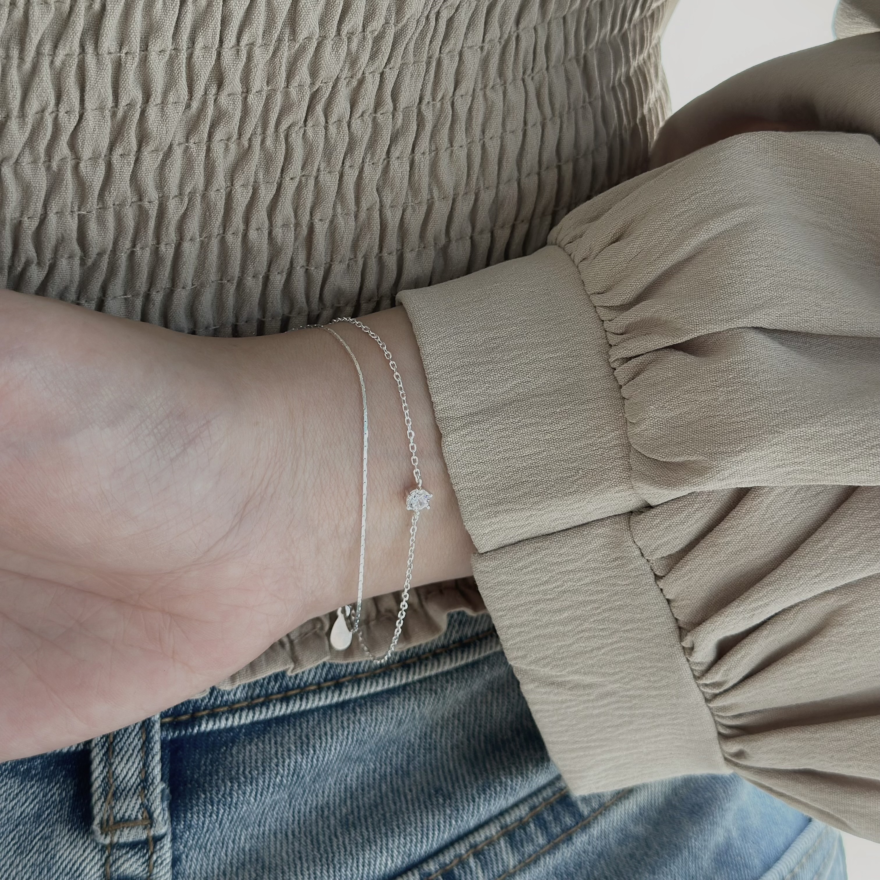 C28黎月．單鑽雙層純銀手鍊