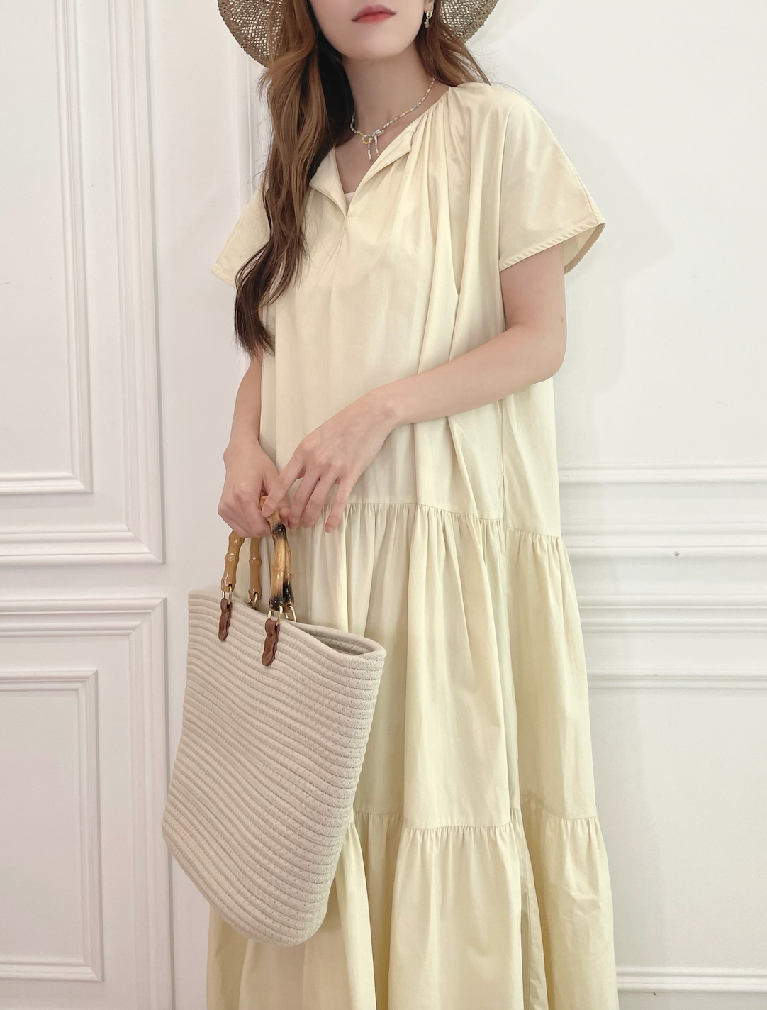 V領短袖抓層長洋