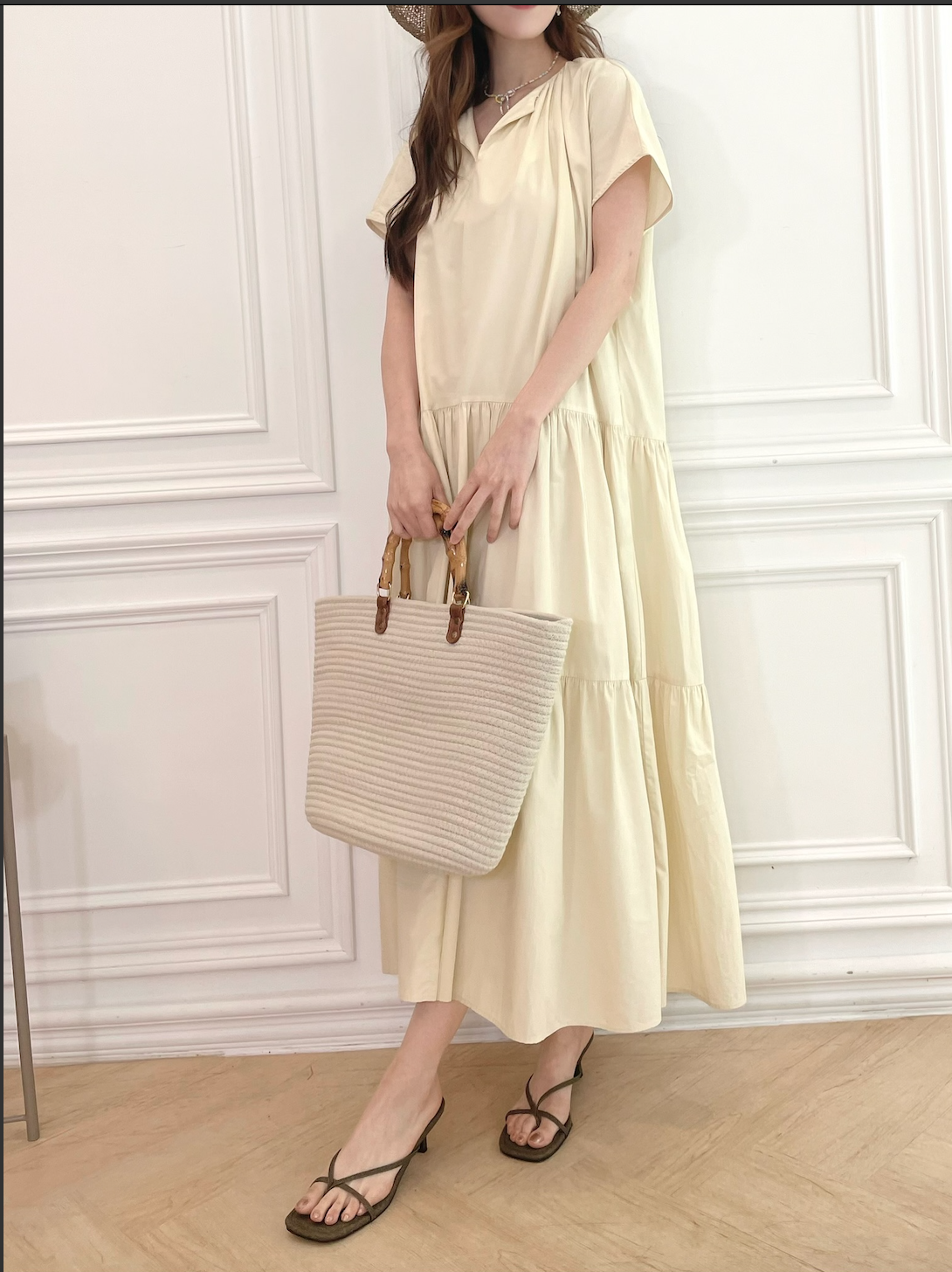 V領短袖抓層長洋