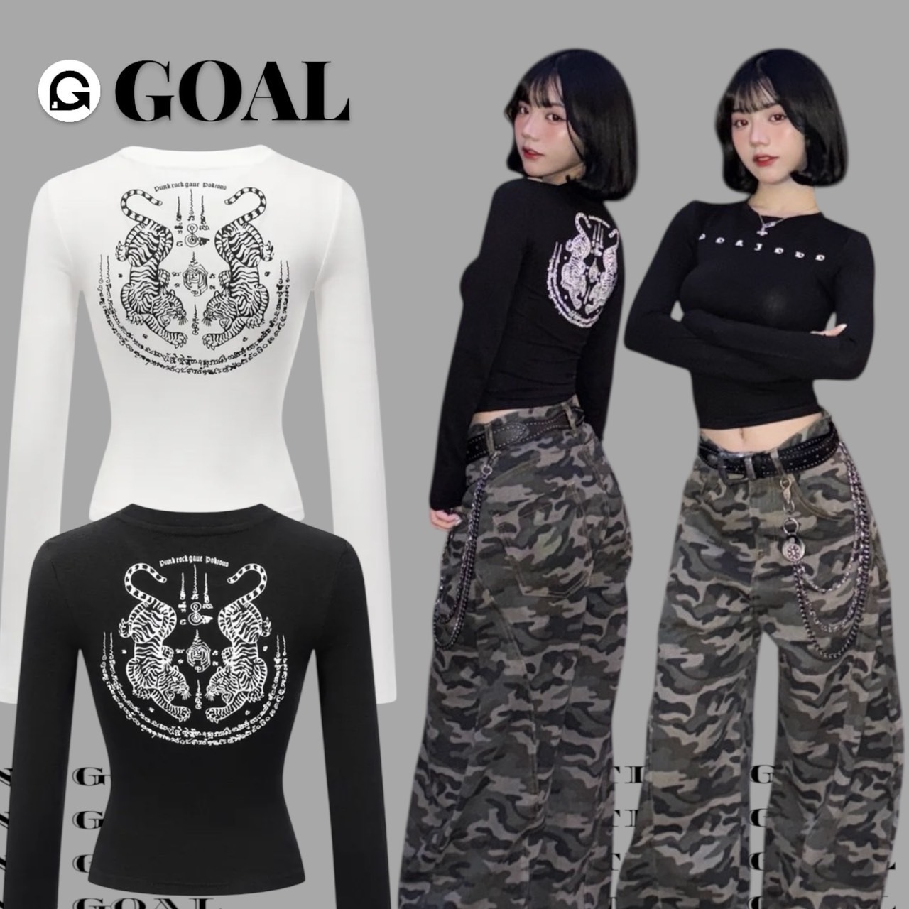 (GOAL) 美式老虎圖騰正肩薄長袖 R9175