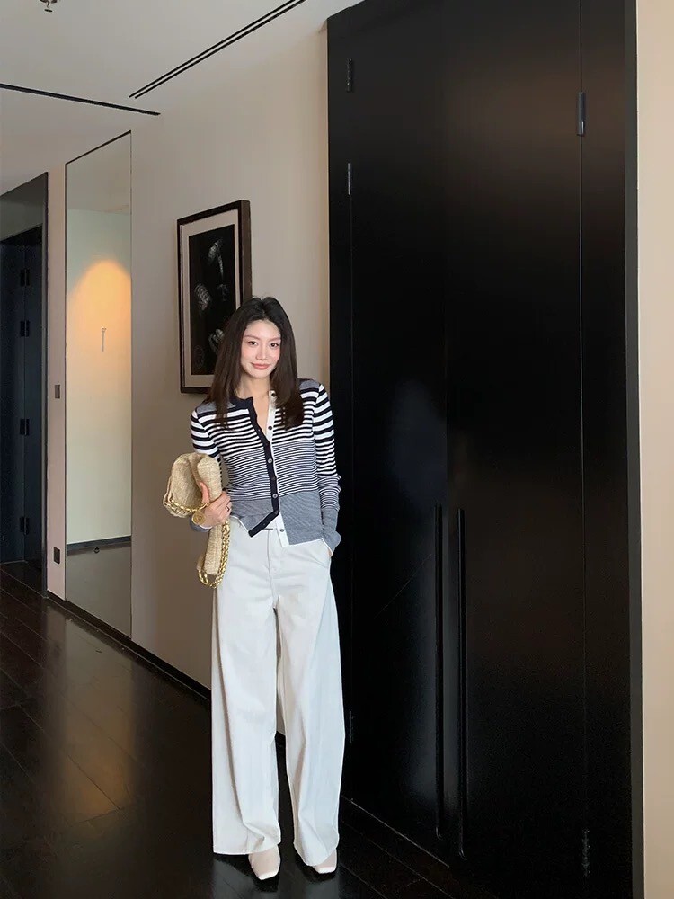 奶油白附寬腰帶造型落地直筒褲S-XXL (Elegant & Love)