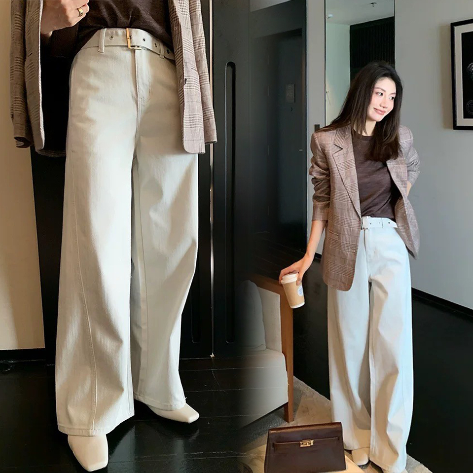 奶油白附寬腰帶造型落地直筒褲S-XXL (Elegant & Love)
